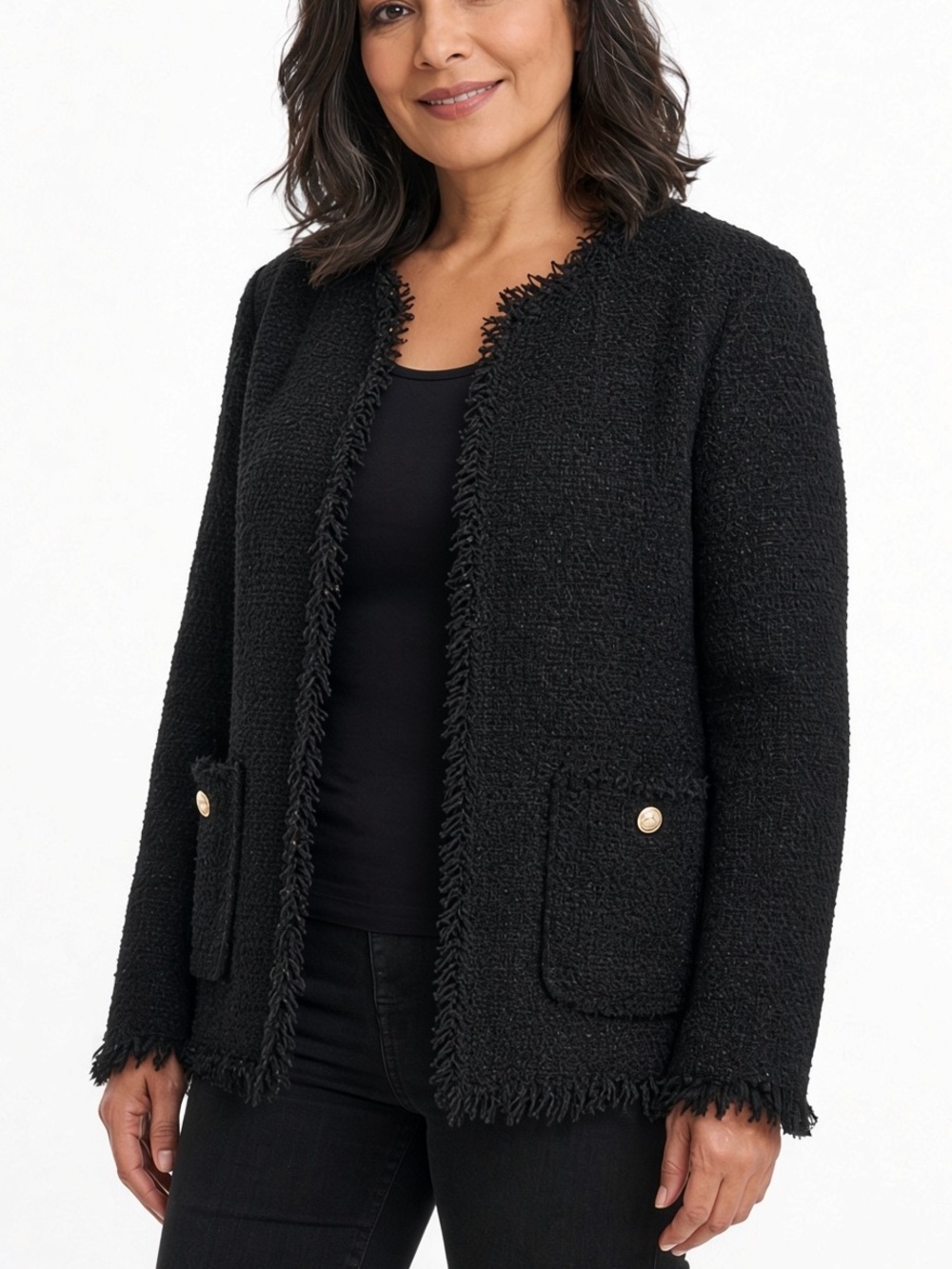 Catherine Malandrino Black Tweed Jacket Fringe Hidden Front Closure - 12
